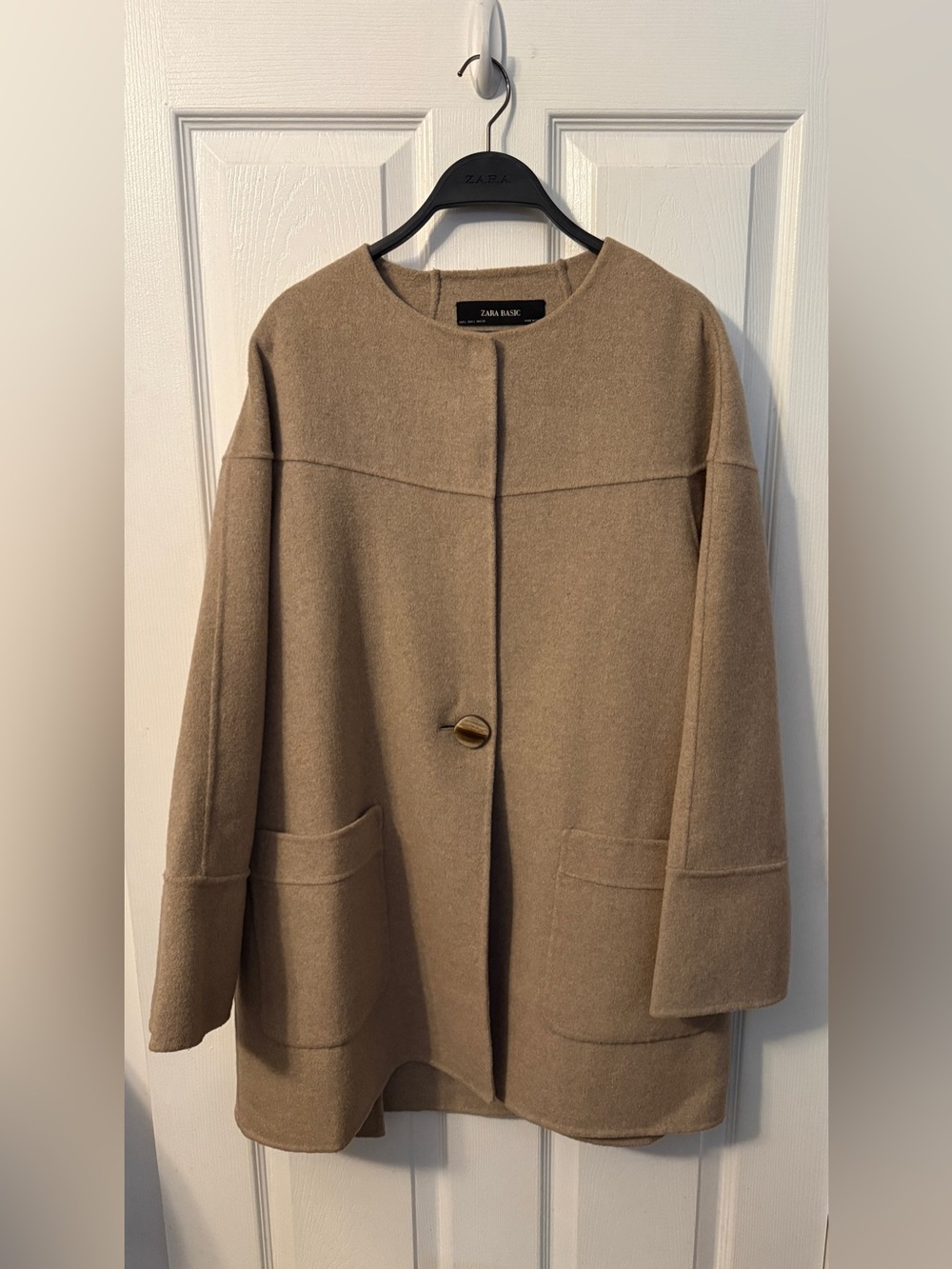 Zara Camel Tan Collarless Wool-Blend Peacoat